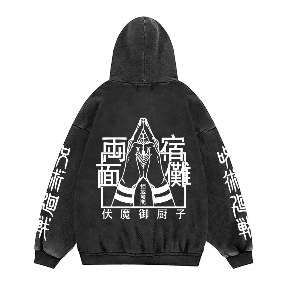 Jujutsu Kaisen Anime Clothing Ryomen Sukuna Logo Graphic Hooded Men Washed Hoodies Vintage Cotton Streetwear Harajuku Sweatshirt