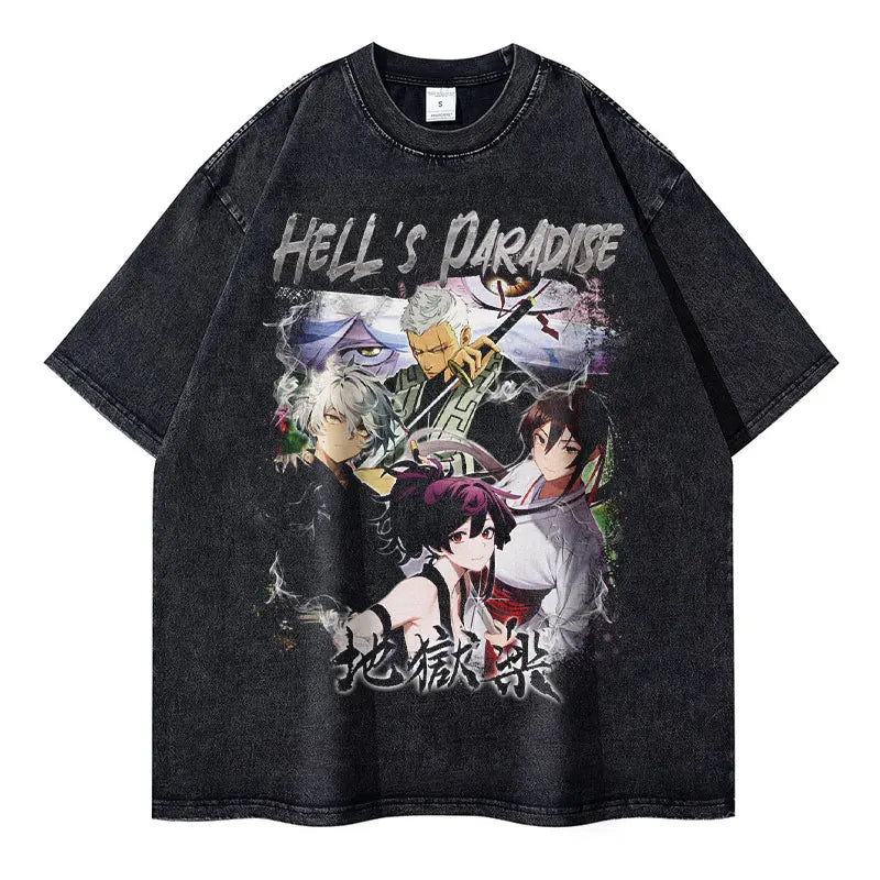Anime Hells Paradise T Shirts Vintage Washed Jigokuraku T-shirt Oversized Summer Manga Sagiri Gabimaru Tops Tees Men 100% Cotton