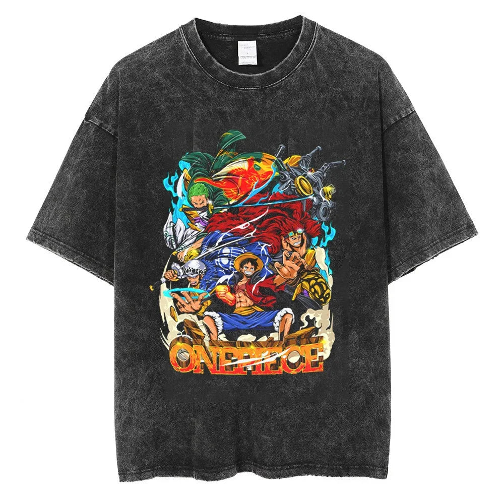Men Washed Vintage T-Shirt Hip Hop Streetwear Anime One Piece Print T Shirt Harajuku Cotton Tshirt Men Summer Short Sleeve Tees