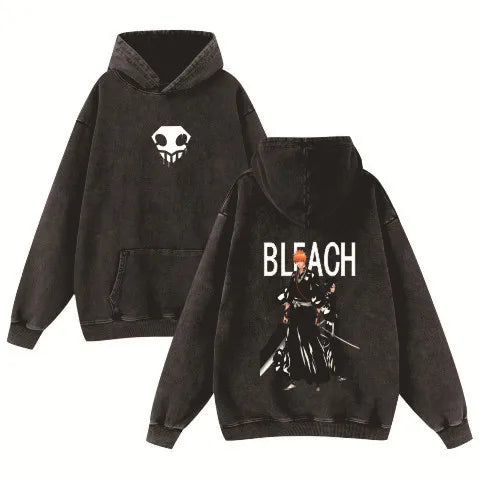 Hot Anime BLEACH Kurosaki Ichigo Graphic Washed Hooded Men Women Cotton Hoodies Vintage Casual Streetwear Harajuku Sweatshirt
