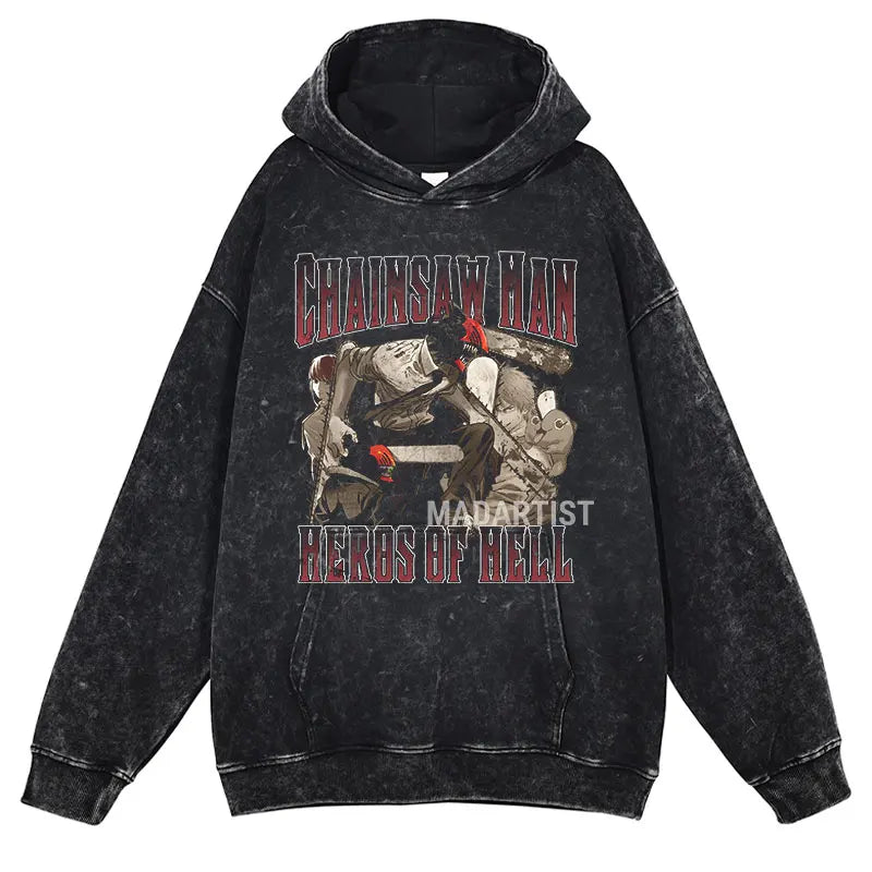 Anime Chainsaw Man Hoodies Vintage Washed Makima Hooded Sweatshirts Oversize Retro Streetwear Manga Pochita Denji Hoodie For Men