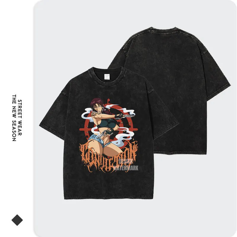 Anime B-Black L-Lagoon T-shirt Oversized Vintage Washed Revy T-shirts Retro Robertas Blood Trail T Shirt Rokurou Tops Tees Men