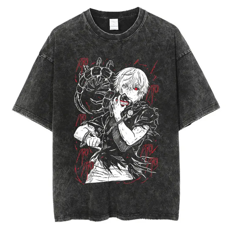Hot Anime Tokyo Ghoul Ken Kaneki Graphic Washed T-Shirt Men Vintage Tshirts Casual T-shirt Hip Hop Streetwear Harajuku Male Tops
