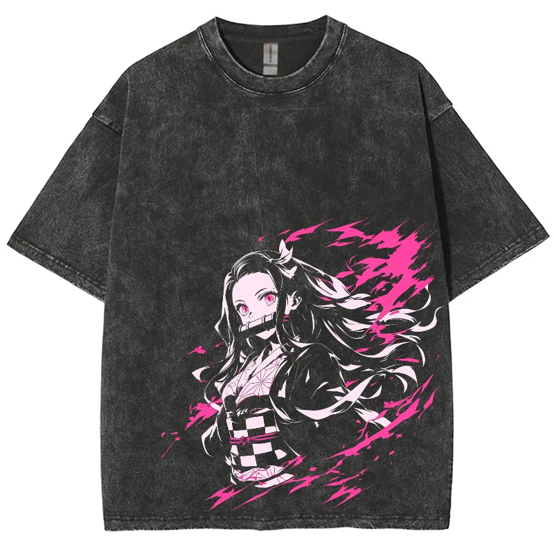 Hot Anime Demon Slayer Kamado Nezuko Cute Printed T-shirt Men Women Classic Tshirts Harajuku Male Washed Cotton Manga T Shirt
