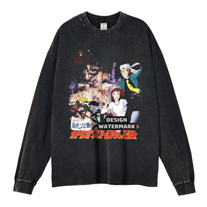 Anime Lupin III Sweater Oversized The Castle of Cagliostro Long Sleeve T Shirts Fujiko Pullover Daisuke Sweatshirts 100% Cotton