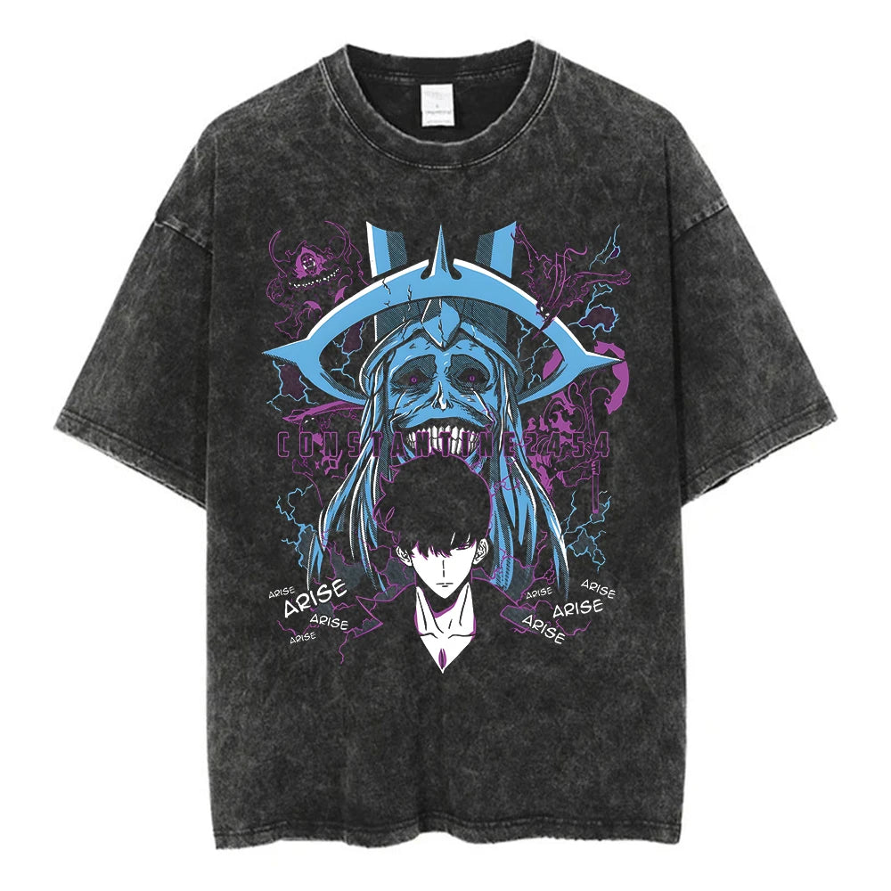 Japan Anime Solo Leveling Sung JinWoo Printed Tee Men Women Vintage Washed Cotton Tshirts Harajuku Male High Quality T-shirt