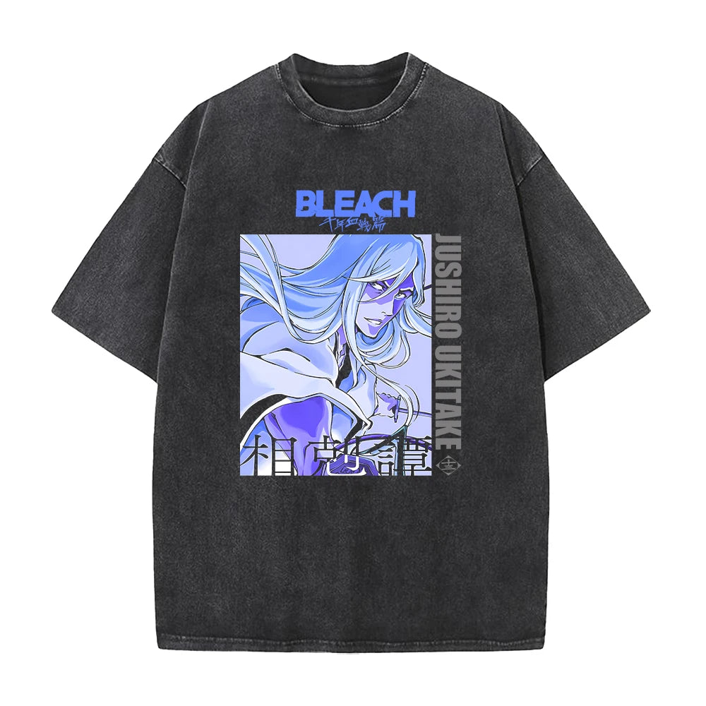 Anime BLEACH Jushiro Ukitake Graphic Washed T Shirt Men Vintage Cotton Tshirts Manga Prevalent Vintage T-shirt Harajuku Male Top