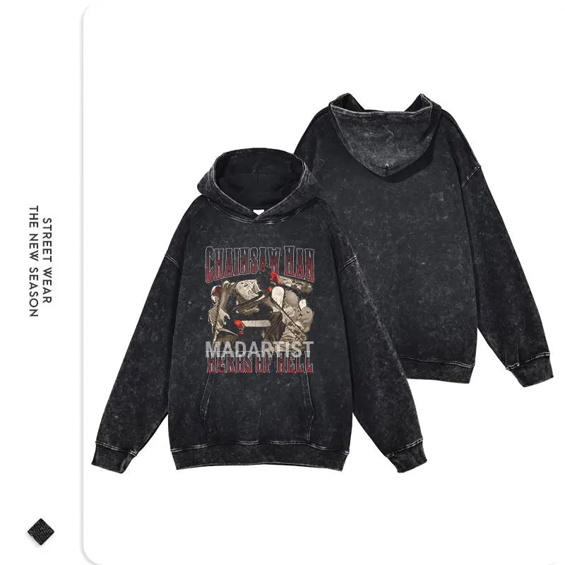 Anime Chainsaw Man Hoodies Vintage Washed Makima Hooded Sweatshirts Oversize Retro Streetwear Manga Pochita Denji Hoodie For Men