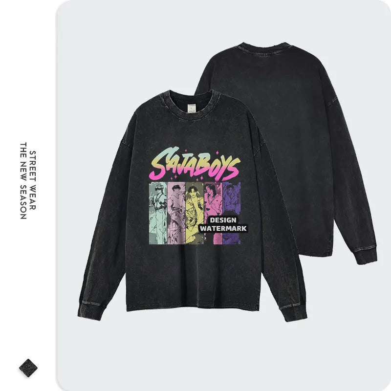 Anime Rumi Sweater Vintage Washed K-KPop D-Demon Hunters Long Sleeve T Shirts Oversized Mira Sweatshirts Tops Tees 100% Cotton