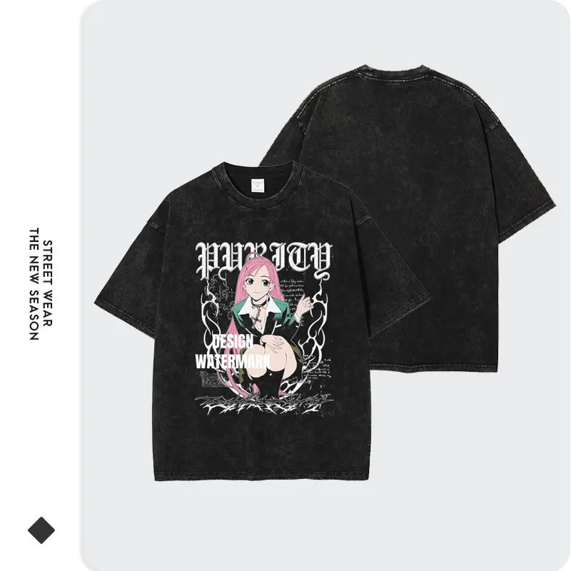 Anime Rosario to Vampire T-shirts Oversized Vintage Washed Akashiya Moka T Shirt Short Sleeve Manga Tops Tees Girl 100% Cotton