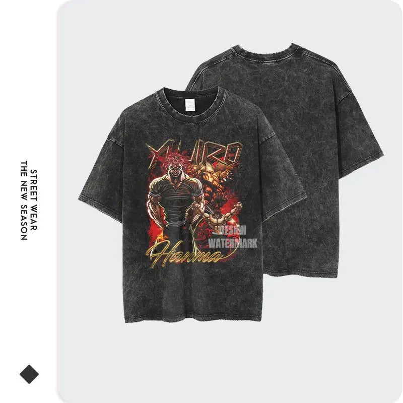 Hanma Yujiro T-shirt Harajuku Vintage Washed Anime T Shirts Streetwear Manga Ogre Oversized Tshirt Harajuku Retro Tops Tees Men