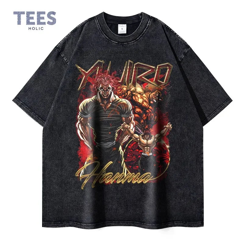 Hanma Yujiro T-shirt Harajuku Vintage Washed Anime T Shirts Streetwear Manga Ogre Oversized Tshirt Harajuku Retro Tops Tees Men