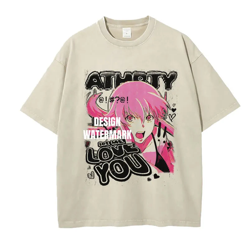 Anime The Future Diary T Shirt Oversized Vintage Washed Gasai Yuno T-shirts Manga Mirai Nikki Summer Tops Tees Man 100% Cotton