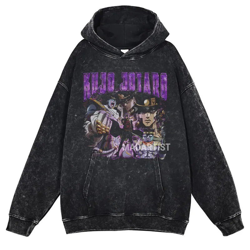 Hot Anime JoJo's Bizarre Adventure Kujō Jōtarō Dio Print Washed Hooded Men Oversized Hoodies Harajuku Washed Cotton Sweatshirt
