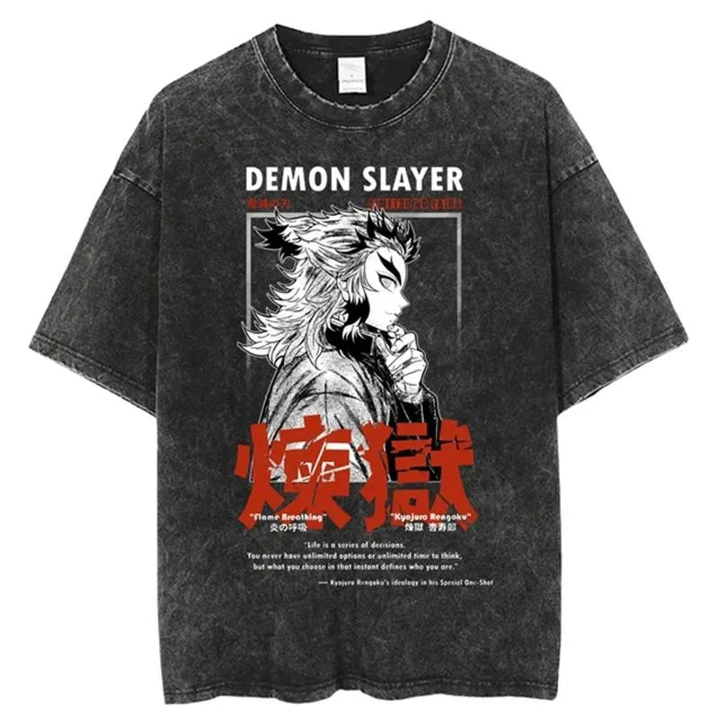 Anime Demon Slayer Rengoku Kyoujurou Printed T Shirt Men Women Manga Tshirts Vintage Washed T-Shirt Harajuku Manga Cotton Tops