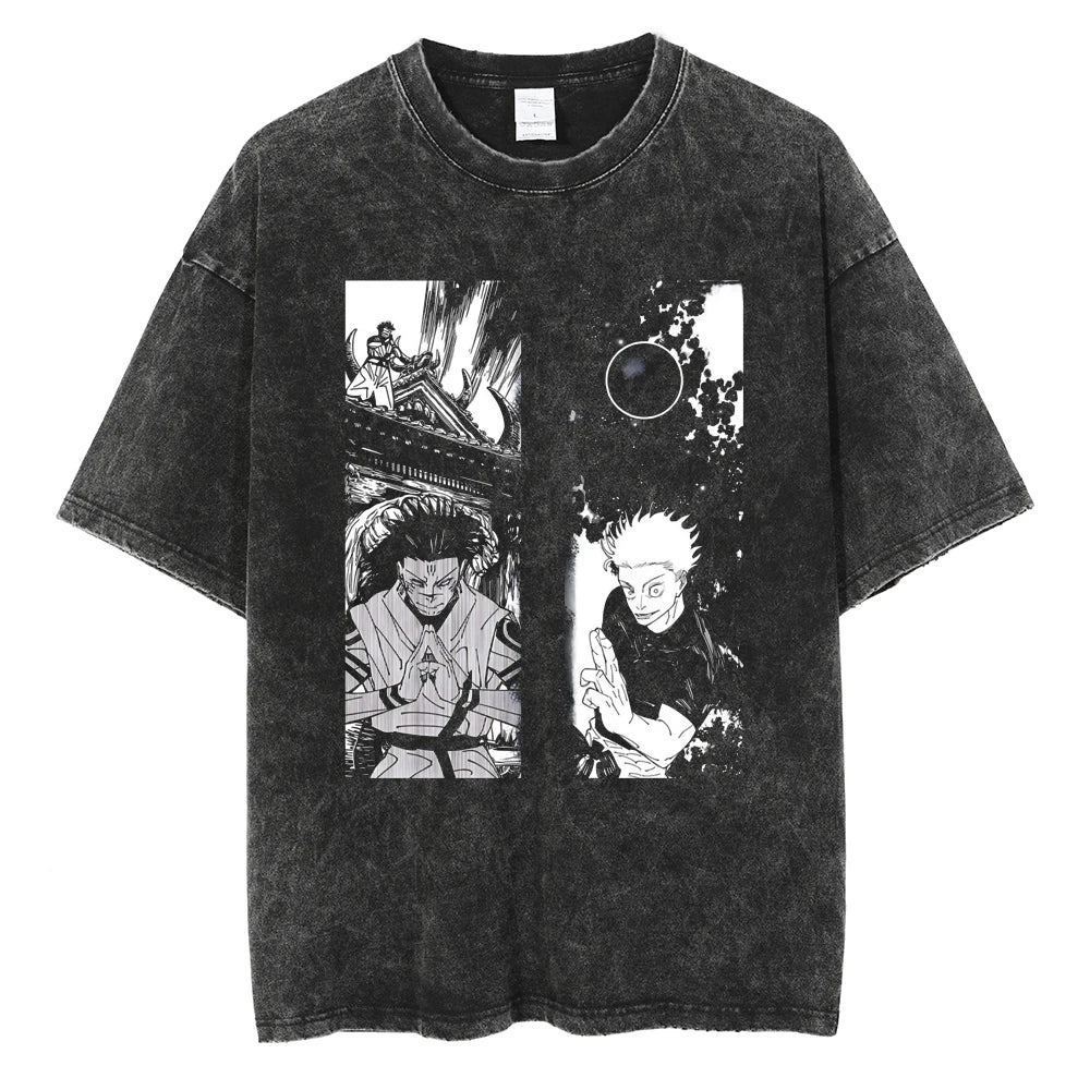 Jujutsu Kaisen Anime T Shirt Satoru Gojo And Ryomen Sukuna Printed Tee Men Women Washed Cotton Tshirts Harajuku Vintage T-shirt