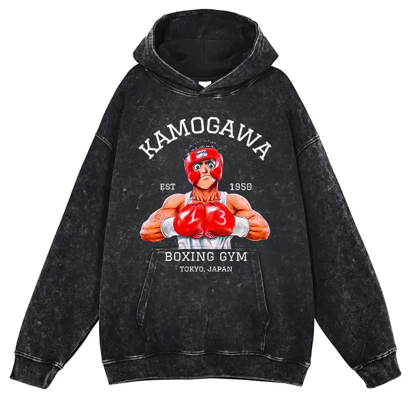 Anime Hajime no Ippo Hoodies Vintage Washed Fighting Spirit Hooded Sweatshirts Oversized Retro Streetwear Manga Hoodie For Men