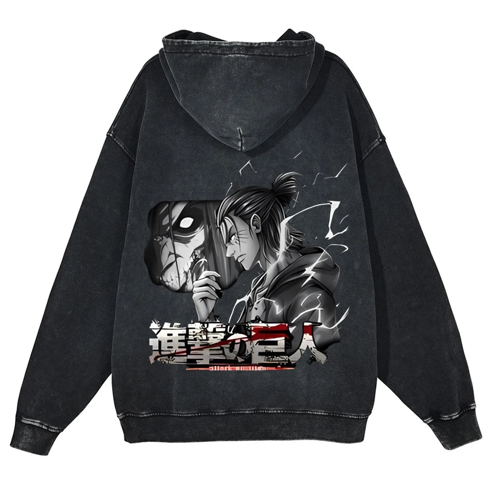 Anime Attack On Titan Eren Jaeger Graphic Washed Hooded Men Vintage Casual Hoodies Cotton Sweatshirt Harajuku Male Streetwear