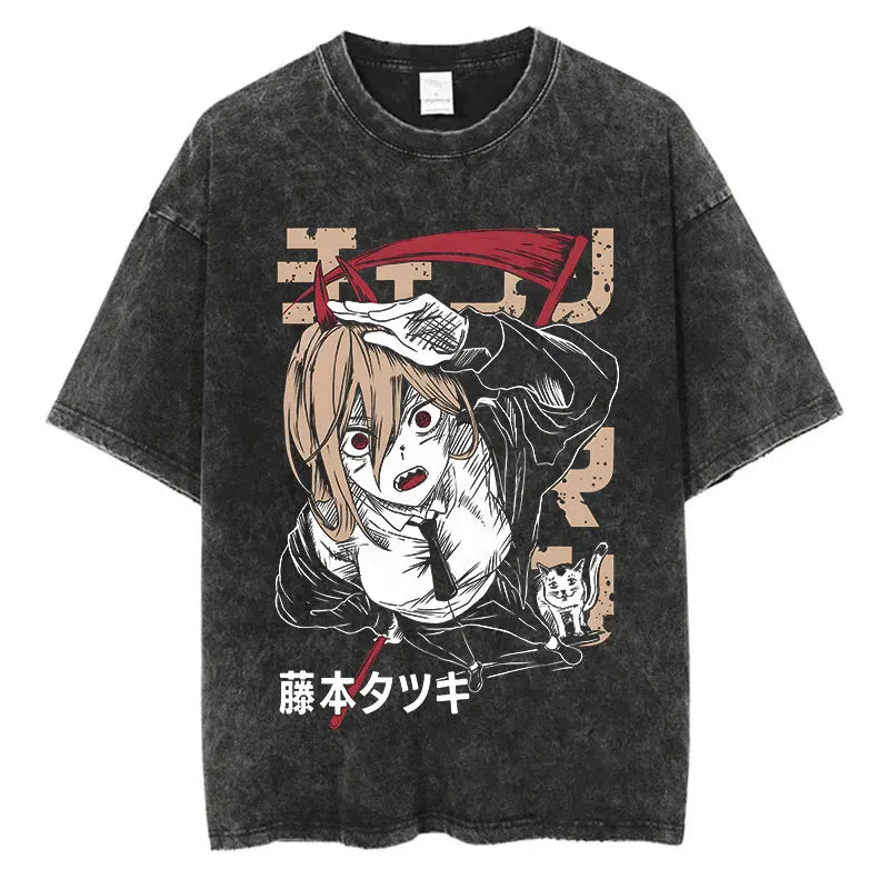 Anime Chainsaw Man Power Funny Print T Shirt Men Women Y2k T-shirts Washed Cotton Tee Harajuku Unisex Comfortable Tshirt