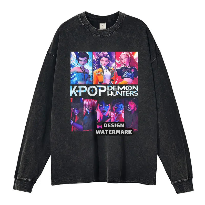 Anime Rumi Sweater Vintage Washed K-KPop D-Demon Hunters Long Sleeve T Shirts Oversized Mira Sweatshirts Tops Tees 100% Cotton