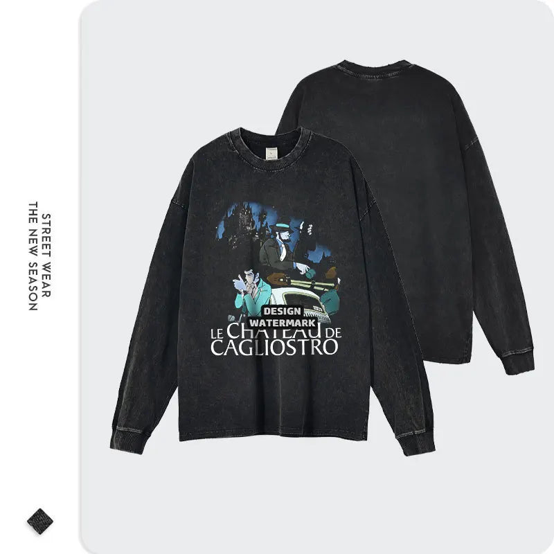 Anime Lupin III Sweater Oversized The Castle of Cagliostro Long Sleeve T Shirts Fujiko Pullover Daisuke Sweatshirts 100% Cotton