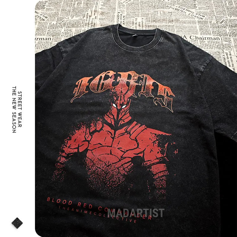 Anime S-Solo L-Leveling Shirts Vintage Washed Sung Jin-Woo T-shirt Oversized Streetwear Manga Igris Short Sleeve Tops Tees Men