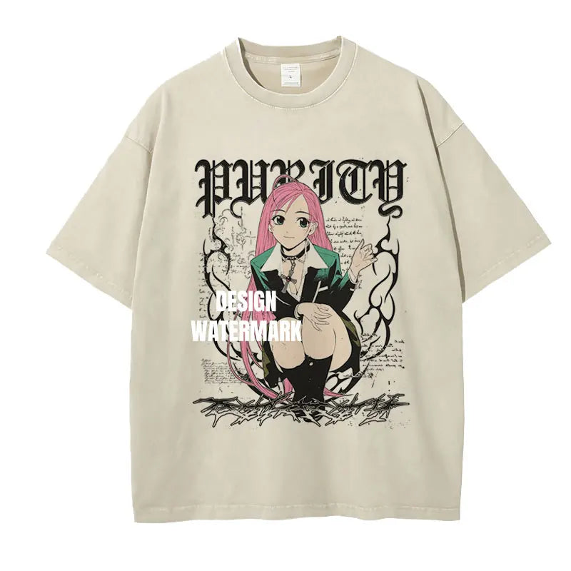 Anime Rosario to Vampire T-shirts Oversized Vintage Washed Akashiya Moka T Shirt Short Sleeve Manga Tops Tees Girl 100% Cotton