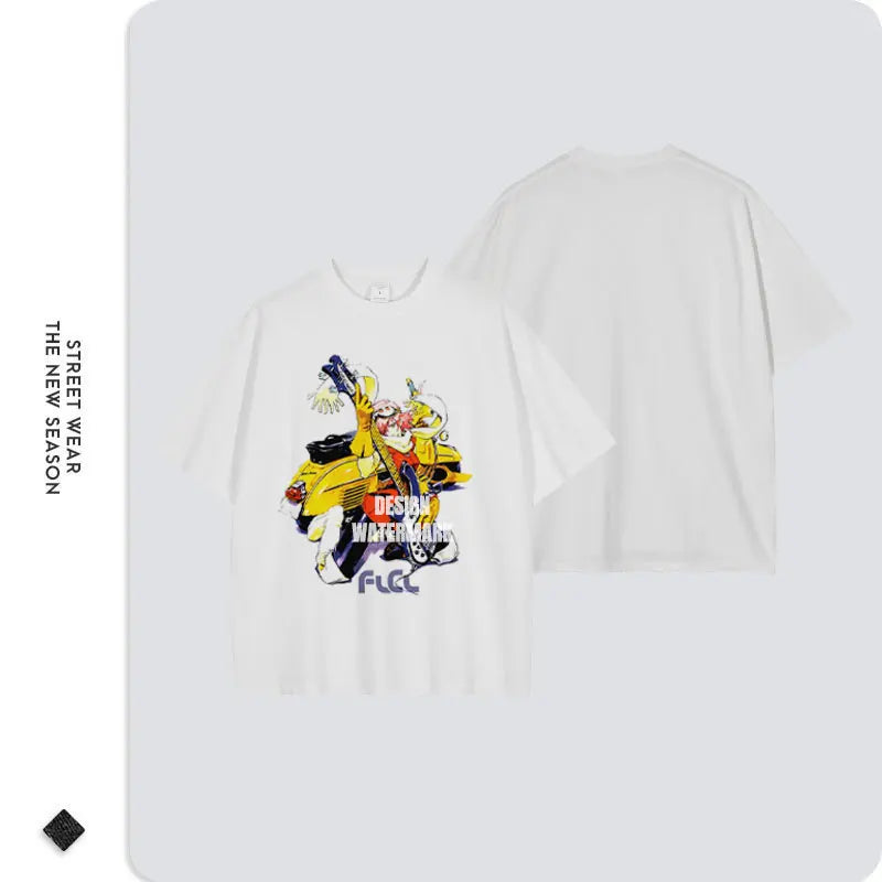 Anime Haruhara Haruko T-shirt Oversized Vintage Washed FLCL T Shirts Retro T Shirt Harajuku Manga Tops Tees Man 100% Cotton