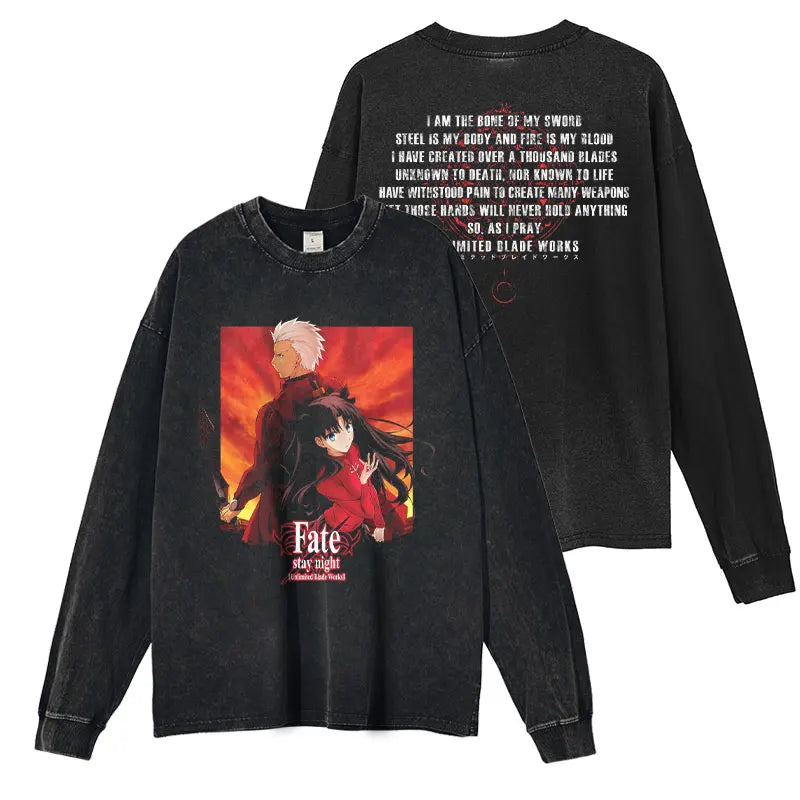 Anime Fate Sweater Vintage Washed FGO Long Sleeve T Shirts Oversized Saber Rin Tohsaka Archer Sweatshirts Tops Tees 100% Cotton