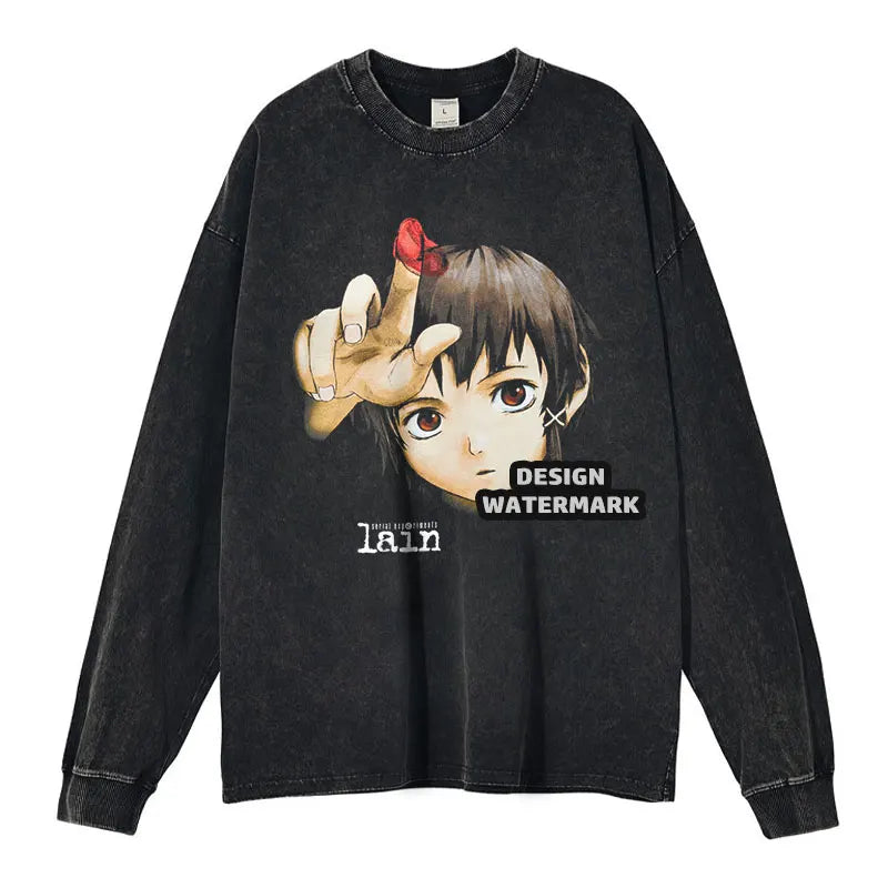 Anime Serial Experiments Lain Sweater Oversized Lain Long Sleeve T Shirts Mizuki Arisu Pullover Sweatshirts Girl 100% Cotton
