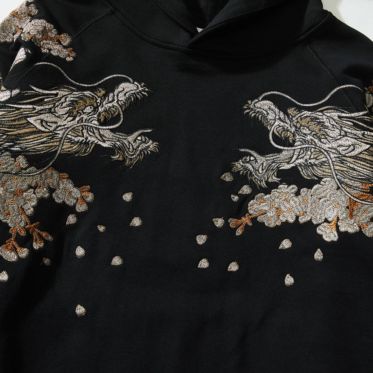 Hoodie Noir Broder Version Dragon Blanc (100% Coton)