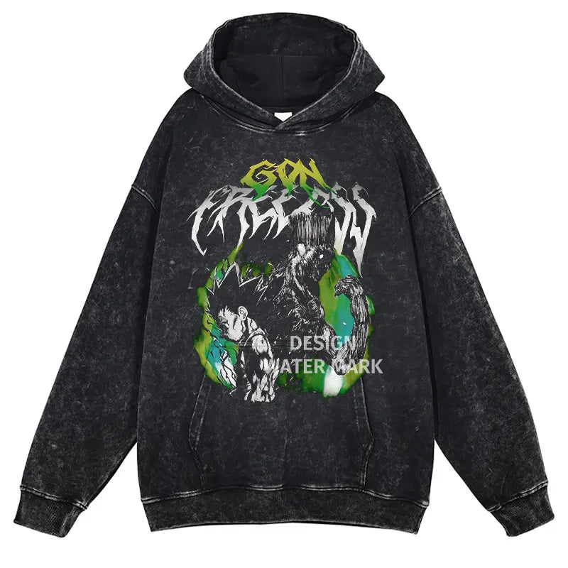 Anime HUNTER×HUNTER GON FREECSS Printed Washed Hooded Men Classic Manga Hoodies Washed Cotton Sweatshirt Harajuku Streetwear