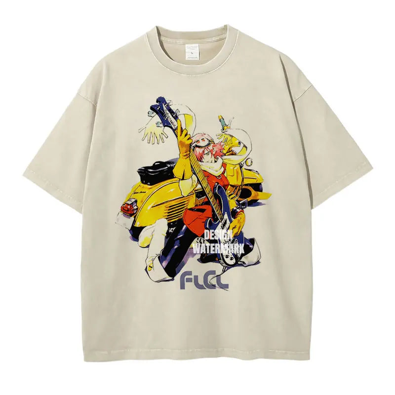 Anime Haruhara Haruko T-shirt Oversized Vintage Washed FLCL T Shirts Retro T Shirt Harajuku Manga Tops Tees Man 100% Cotton